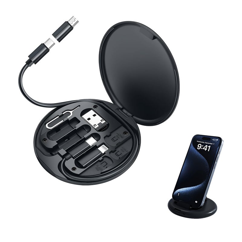 HUMBLE Mini Multi-Functional Fast Charging Data Cable Set for Apple, Android, Type C Charging with Retrieve Card Pin,Round Storage Box,Compact and Portable USB Data Cable Storage Box-Black - Image 5