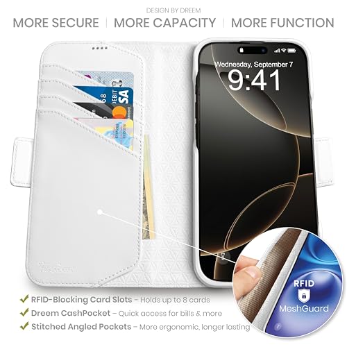 Dreem Wallet Case for iPhone 16 Pro Max Revolutionary VertHor Phone Stand Magnetic Detachable Vegan Leather Flip Cover RFID Blocking Card Holder MagSafeFit Gift Box Fibonacci White - Image 3