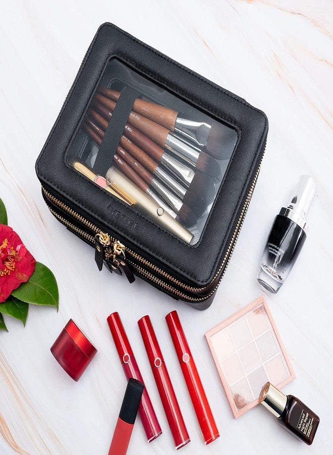 Aveniee Clear Makeup Bags, Double Layer Cosmetic Bags with Separate Brush Compartment, Large Travel Toiletry Bag Cosmetic Case, Travel Accessories Organizer for Women(2 Layers, Black) - Image 5