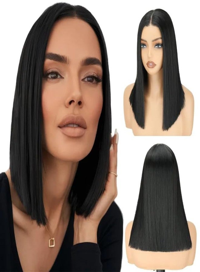 Nostalgia NOSTLAGIA Glueless Wigs Pre Plucked Pre Cut for Beginners Synthetic Lace Front Wigs for Women,Black Wig for Women 14 Inch Short Bob Lace Hairline Middle Part for Daily Party 3 Seconds to Wear - Image 1