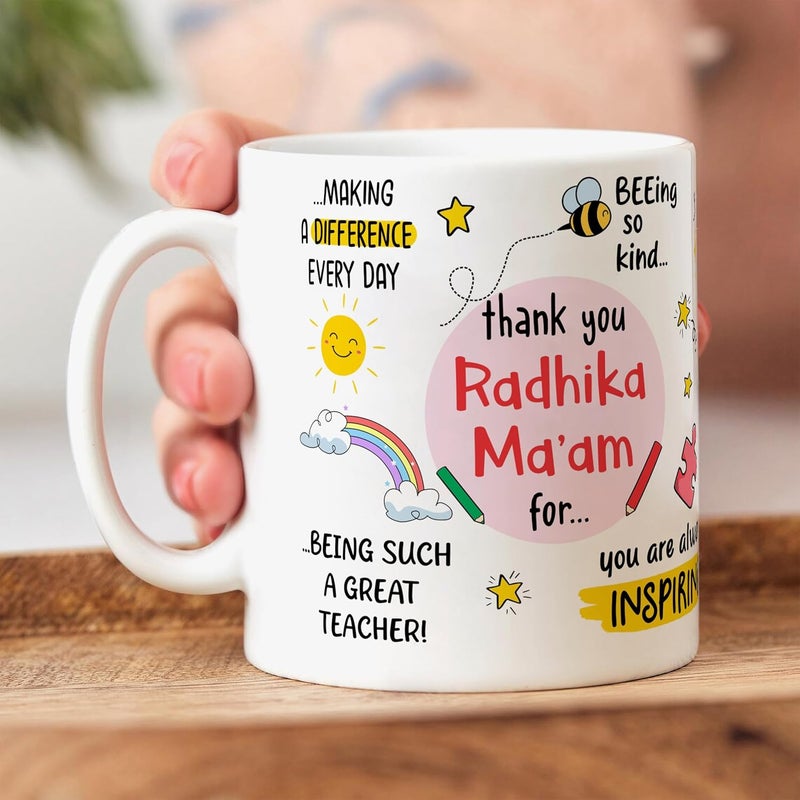 Visibee Thank You Teacher Personalised Name Mug Best Teacher Gift Gift for School Teacher by Students Ceramic 325ml Coffee Mug FPM715 - Image 1