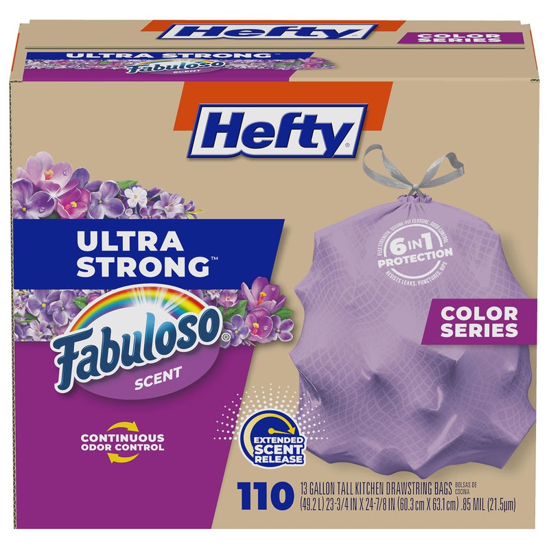 Hefty Ultra Strong 13 Gallon Trash Bags, Tall Kitchen Trash Bags 13 Gallon Size, Resist Leaks, Punctures, and Rips, Continuous Odor Control, Purple, Fabuloso Scent, 110 Bags - Image 1
