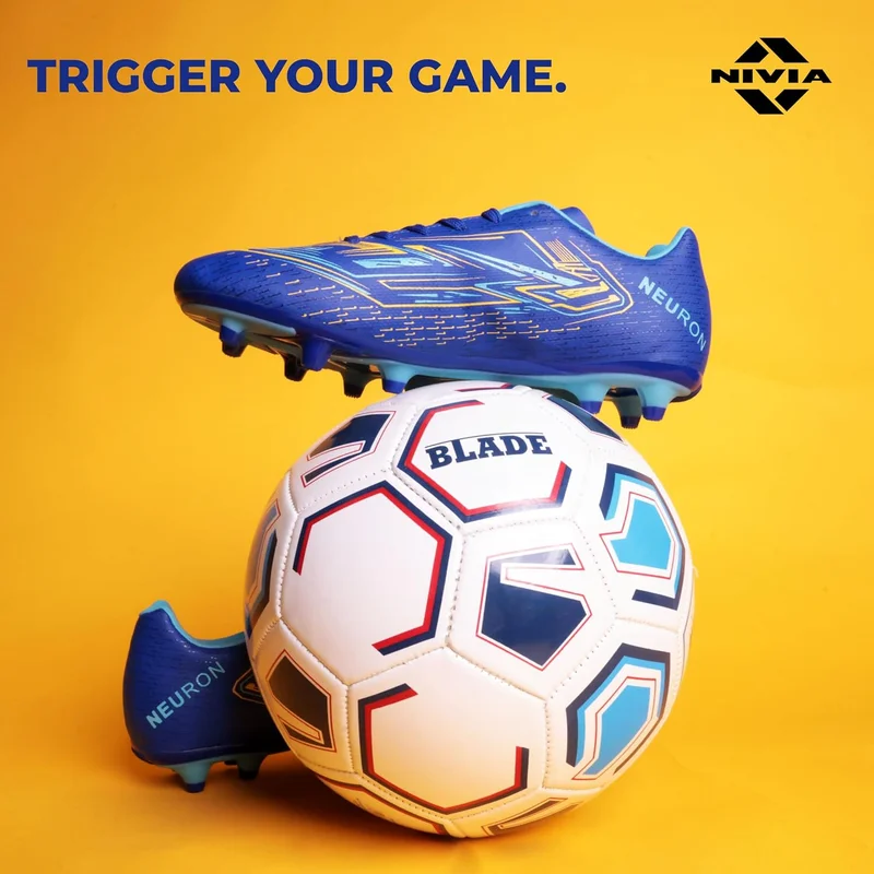 نيفيا Nivia Neuron Football Studs for Men - Synthetic Leather Upper, TPU Blade Stud Sole, Dual Foam Collar, Ideal for Hard, Grass & Turf Surfaces (Blue/Sky Blue)