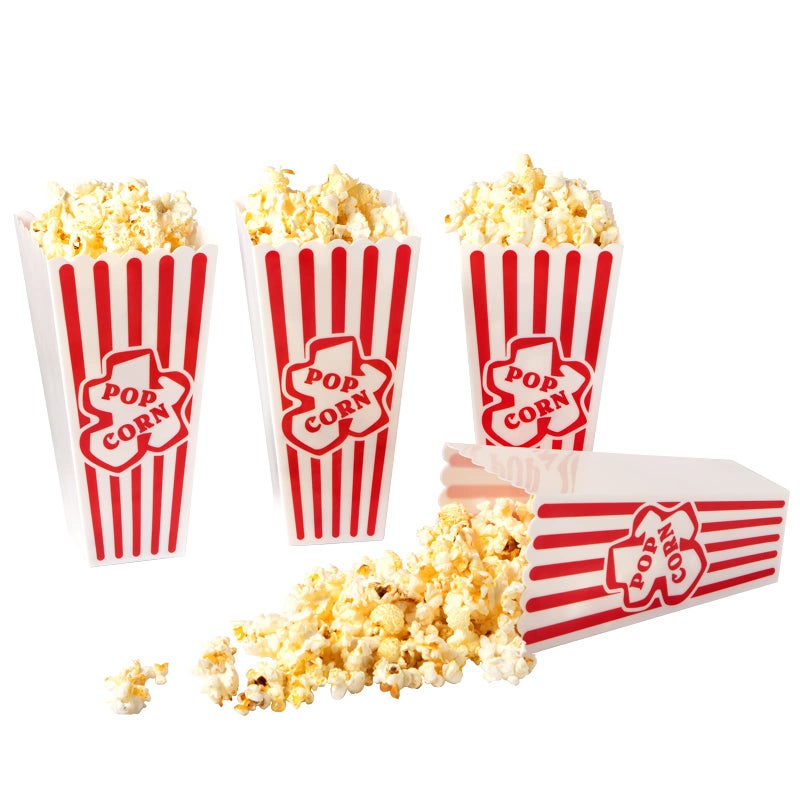 RAYMEA Plastic Popcorn Containers Red  White Striped Retro Style Reusable Popcorn Boxes for Movie Night 4x8 4 Pack