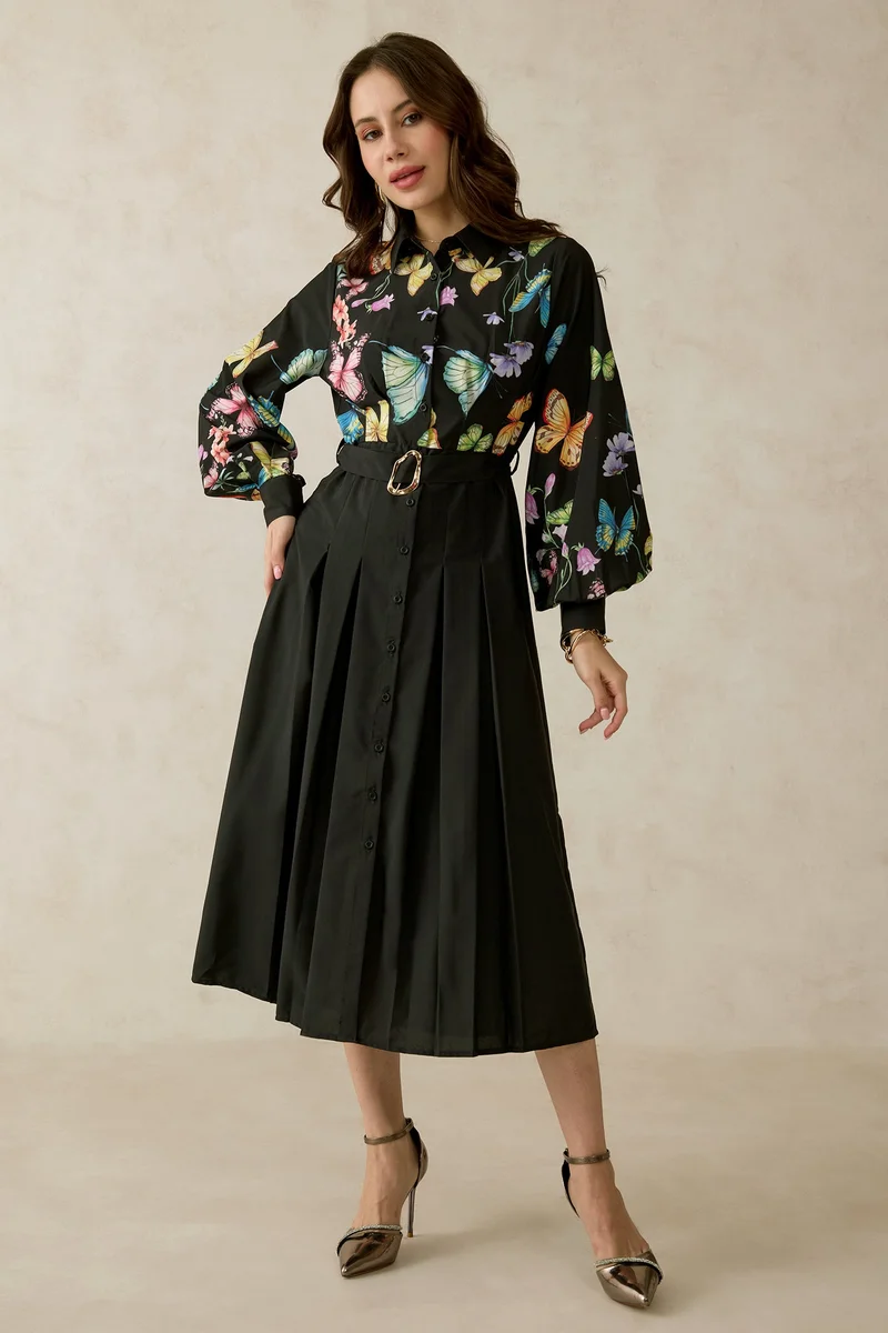 فيرجيو Floral Satin Printed Belted Midi Dress for Women