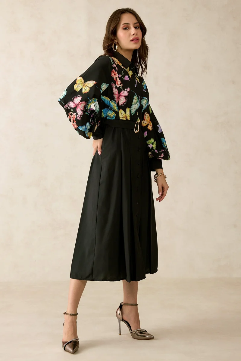 Virgio  Floral Satin Printed Belted Midi Dress for Women for Women | Best Price UAE