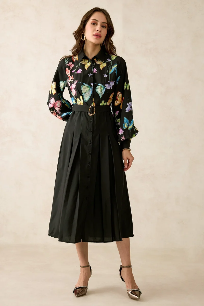 Virgio  Floral Satin Printed Belted Midi Dress for Women for Women | Best Price UAE