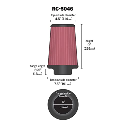 K+N K&N High-Flow Original Lifetime Universal Clamp-On Air Filter: High Performance, Premium, Washable: Flange Diameter: 6 In, Filter Height: 9 In, Flange Length: 0.625 In, Shape: Round Tapered, RC-5046 - Image 2