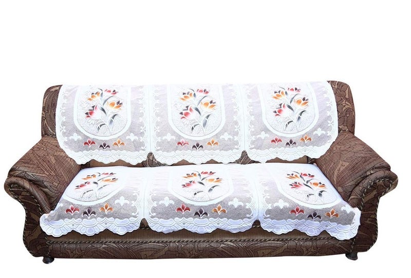 Unique Productions Fabric 3 Seater Multi Flower Net Sofa Cover Set Off White 2 Piece