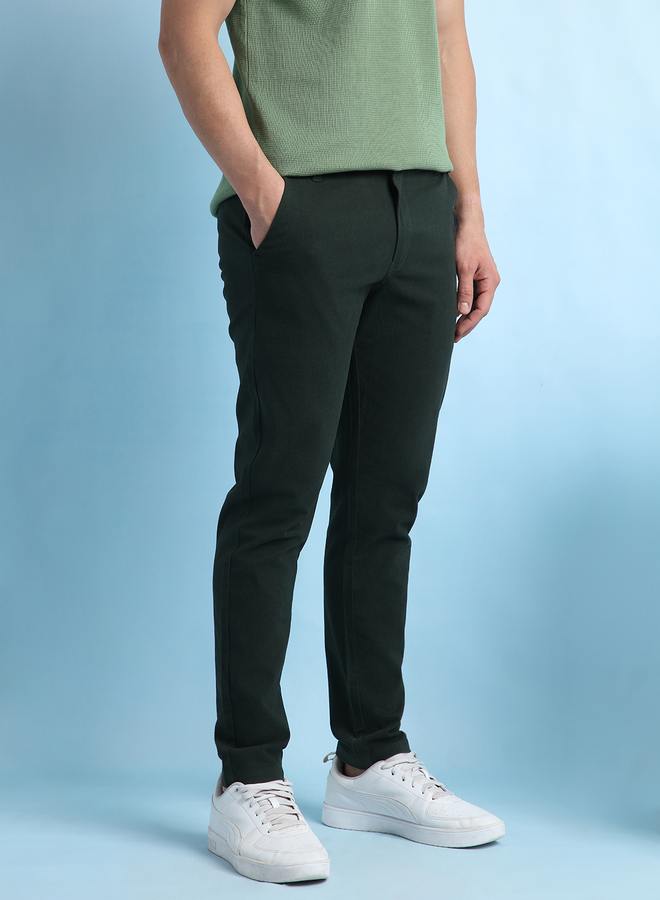 Dennis Lingo Men's Olive Green 100% Cotton Solid Pattern Chinos Straight Fit Trouser  - Image 3
