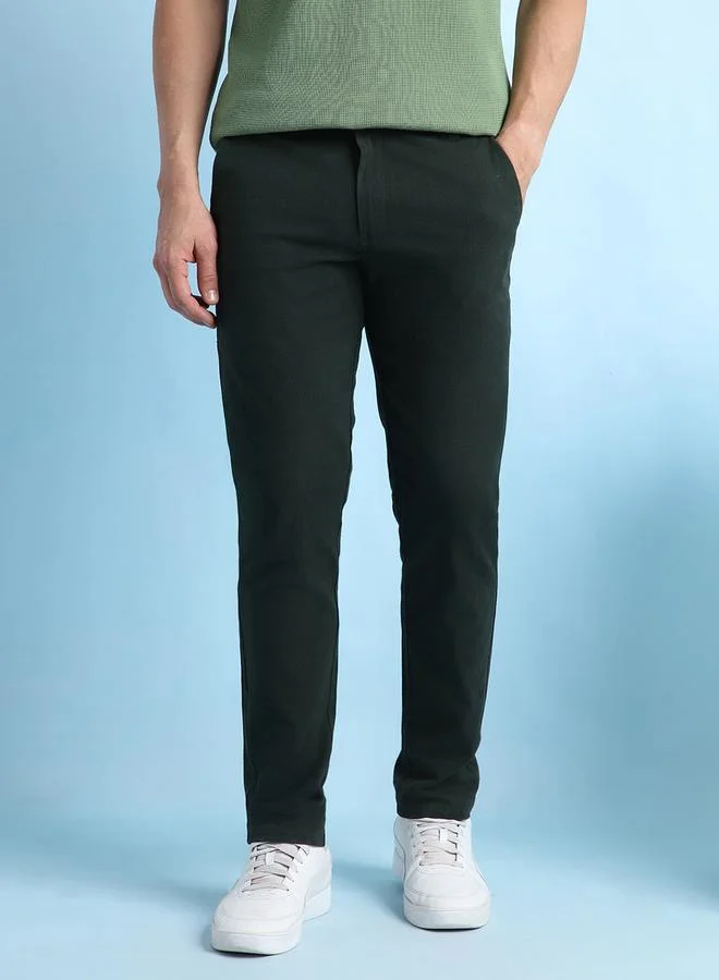 Dennis Lingo Men's Olive Green 100% Cotton Solid Pattern Chinos Straight Fit Trouser