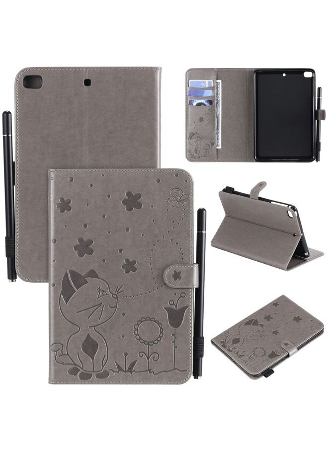 HuHa - Case Cover For iPad mini 5 / 4 / 3 / 2 / 1 Cat Bee Embossing Pattern Horizontal Flip Leather Case with Holder & Card Slots & Wallet & Pen Slot & Wake-up / Sleep Function Grey - Image 1