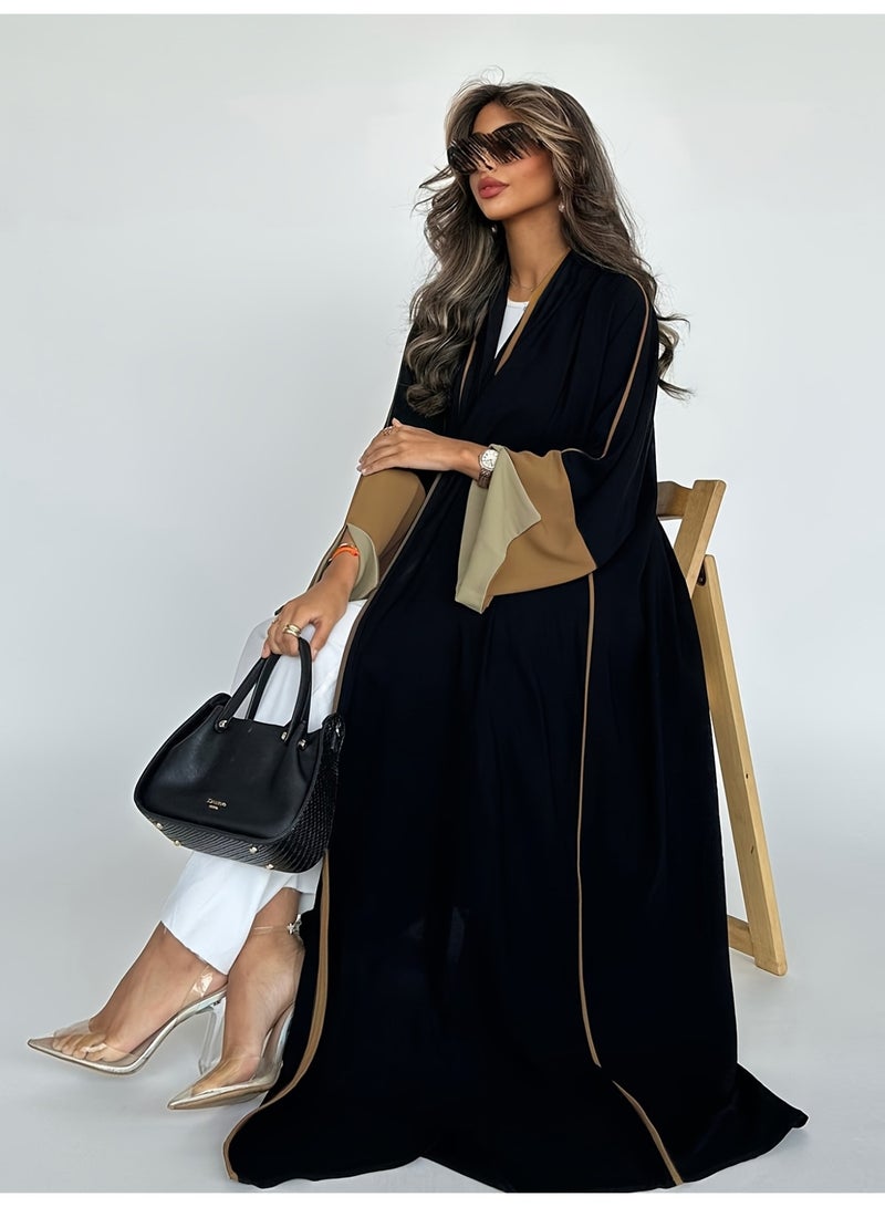 عباية نسائية مفتوحة باللون الأسود مع أكمام وحواف بيج متباينة - Image 2