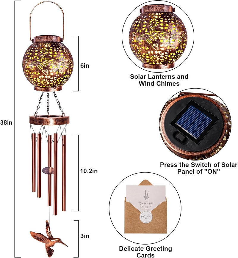 YHmall Wind Chimes for Outside 38" Hummingbird Solar Wind Chimes Outdoor Gifts for Mom Hanging Solar Lantern, Garden Decor for Patio Yard, Christmas Windchimes Outdoors Gifts for Women Grandma - Image 4