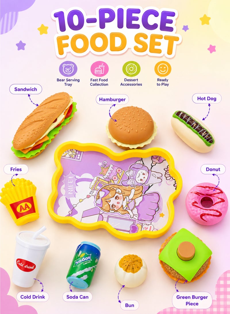 Kids Pretend Play Food Set with Bear Tray, Fast Food & Dessert Accessories, Kitchen Role Play Toy, 10 Pieces - Image 2
