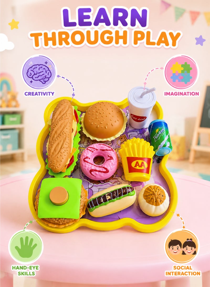 Kids Pretend Play Food Set with Bear Tray, Fast Food & Dessert Accessories, Kitchen Role Play Toy, 10 Pieces - Image 4