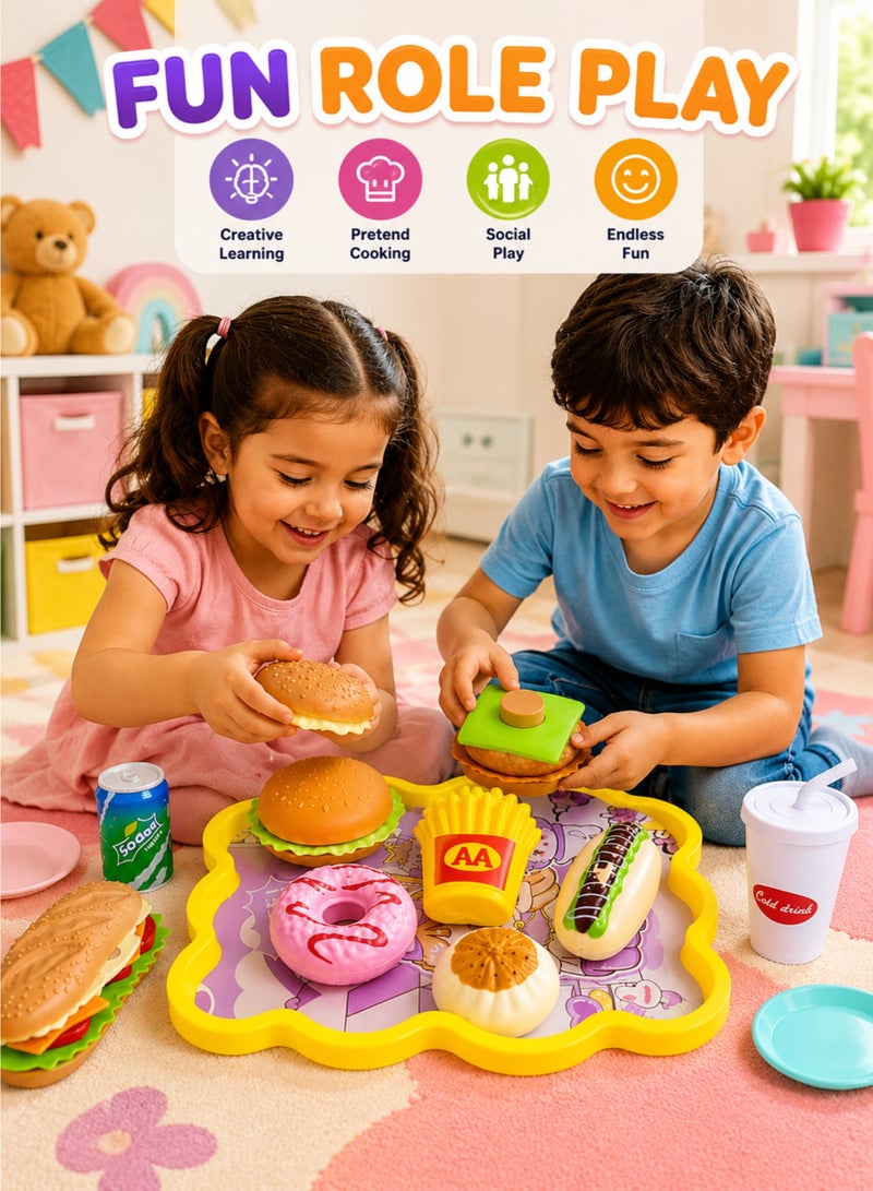 Kids Pretend Play Food Set with Bear Tray, Fast Food & Dessert Accessories, Kitchen Role Play Toy, 10 Pieces - Image 3