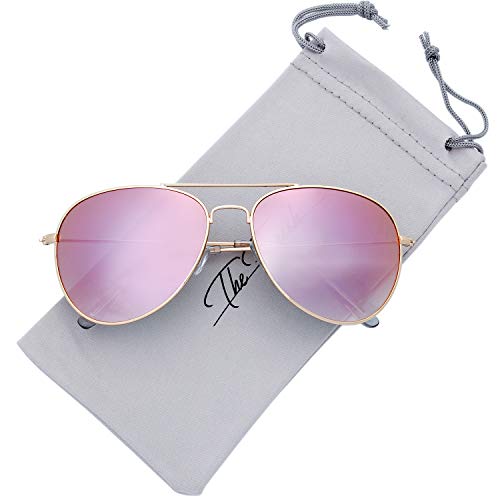 The Fresh Classic Aviator Sunglasses for Men and Women, Metal Frame Mirror Lens, UV400 Protection Pilot Style, Includes Cleaning Cloth, Pouch (05c-GOLD, Gradient PINK) - Image 1