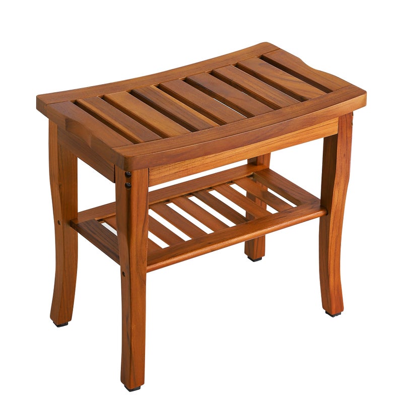 VaeFae Teak Shower Bench, Spa Bath Shower Stool with Storage Shelf, Wooden Seat Stool for Bathroom - Image 1