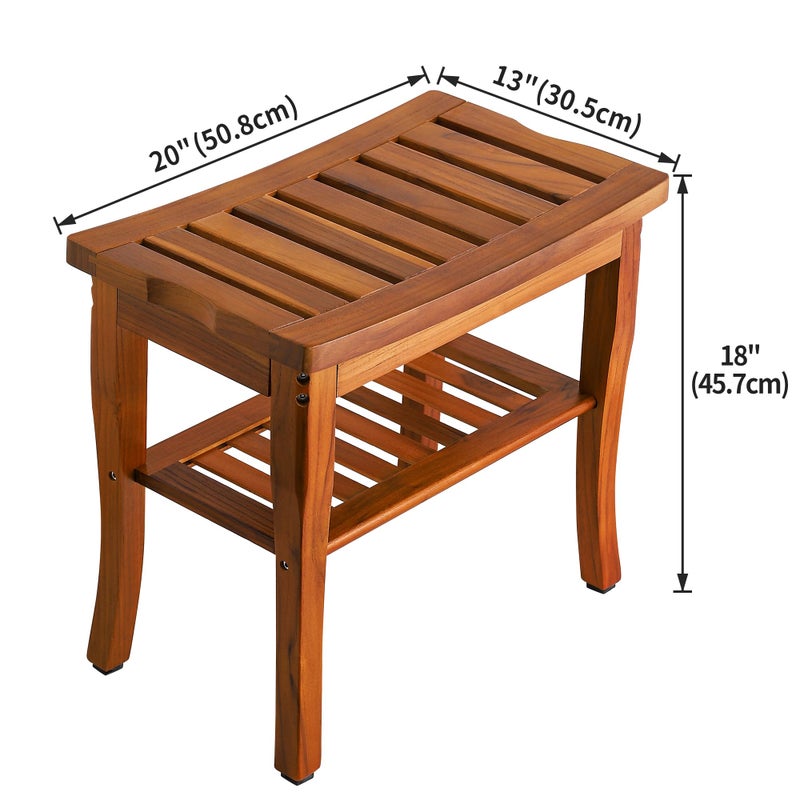 VaeFae Teak Shower Bench, Spa Bath Shower Stool with Storage Shelf, Wooden Seat Stool for Bathroom - Image 3
