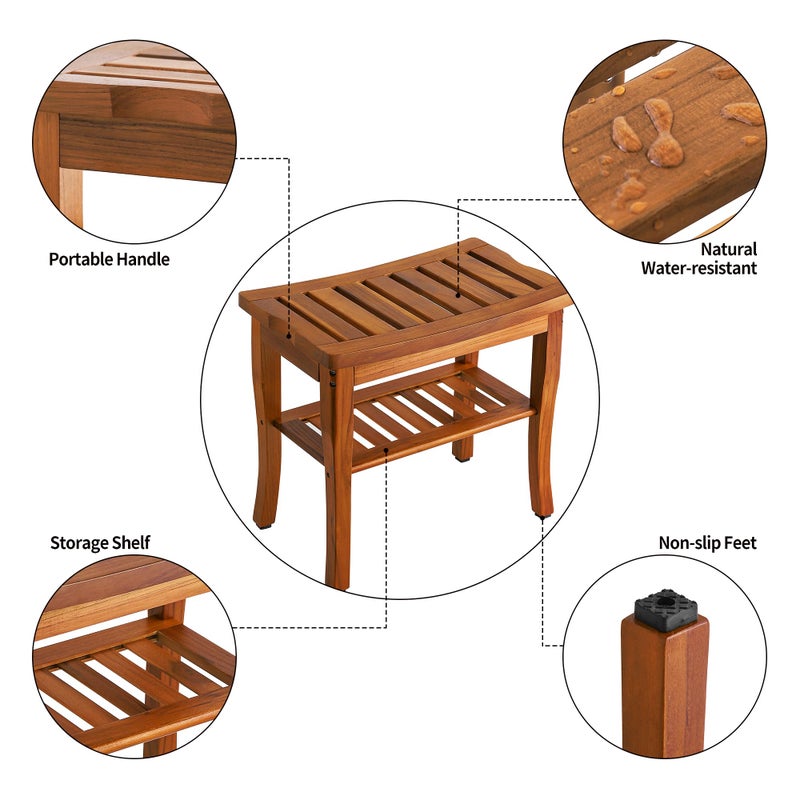 VaeFae Teak Shower Bench, Spa Bath Shower Stool with Storage Shelf, Wooden Seat Stool for Bathroom - Image 4