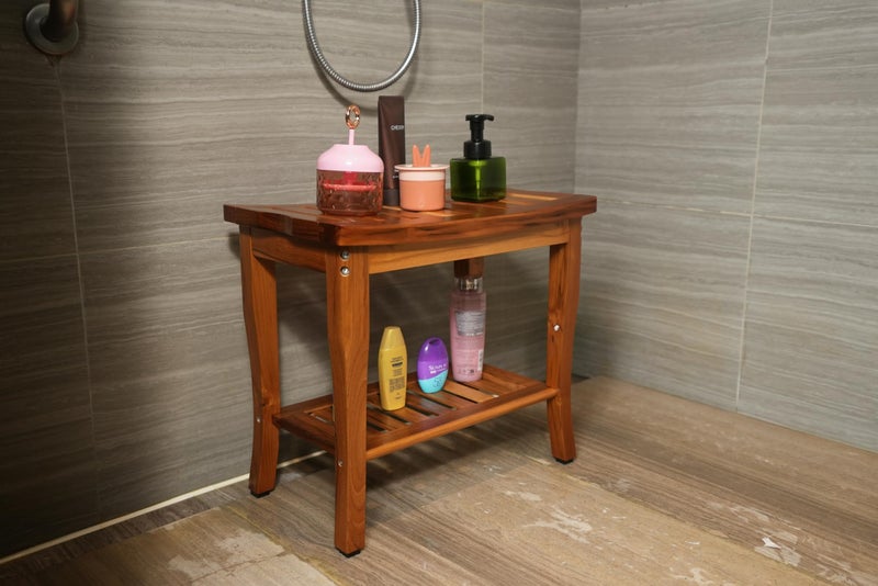 VaeFae Teak Shower Bench, Spa Bath Shower Stool with Storage Shelf, Wooden Seat Stool for Bathroom - Image 2