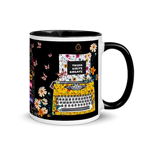 TAJNAN Creative Artist Ceramic Mug with Think Write Create Quote, Motivational Coffee Cup for Writers Designers and Creators, Yellow Handle Mug for Home Office - Image 1