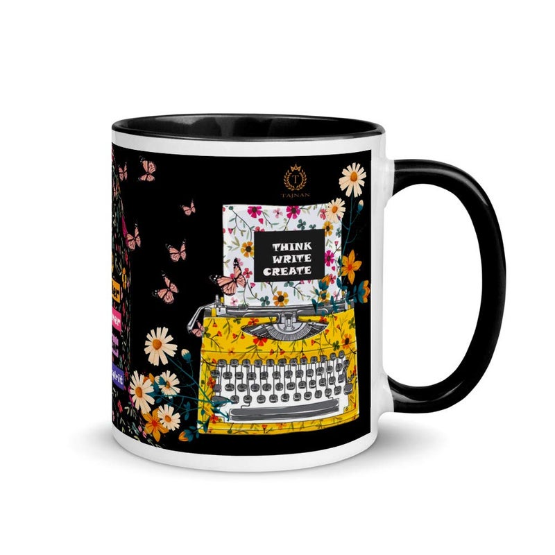 TAJNAN Creative Artist Ceramic Mug with Think Write Create Quote, Motivational Coffee Cup for Writers Designers and Creators, Yellow Handle Mug for Home Office - Image 5