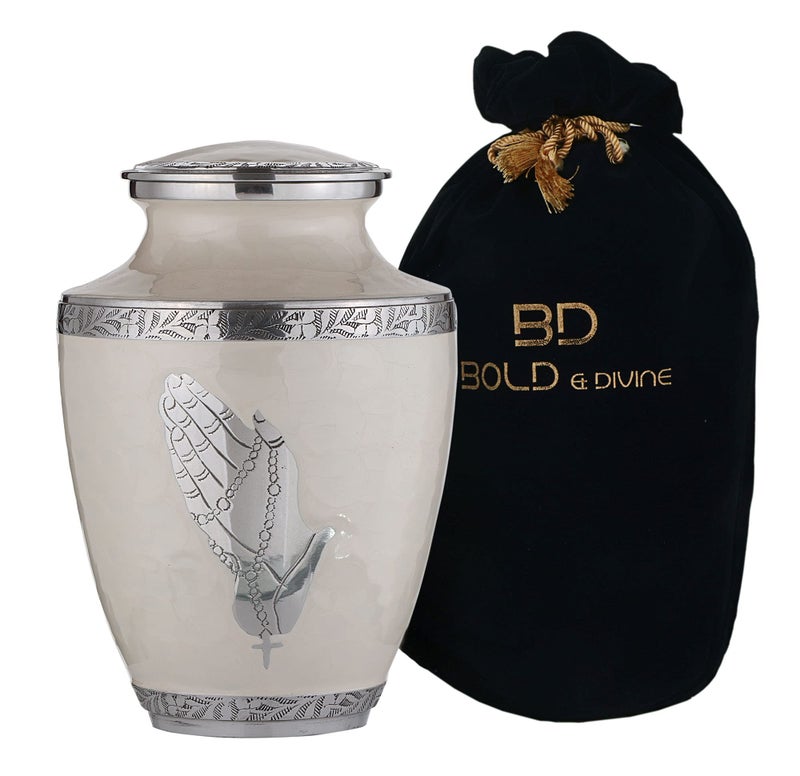 BOLD & DIVINE جرة كريمة حديثة من اللؤلؤ الأبيض مع أيدٍ للصلاة لحرق الجثث 200 بوصة مكعبة للبالغين