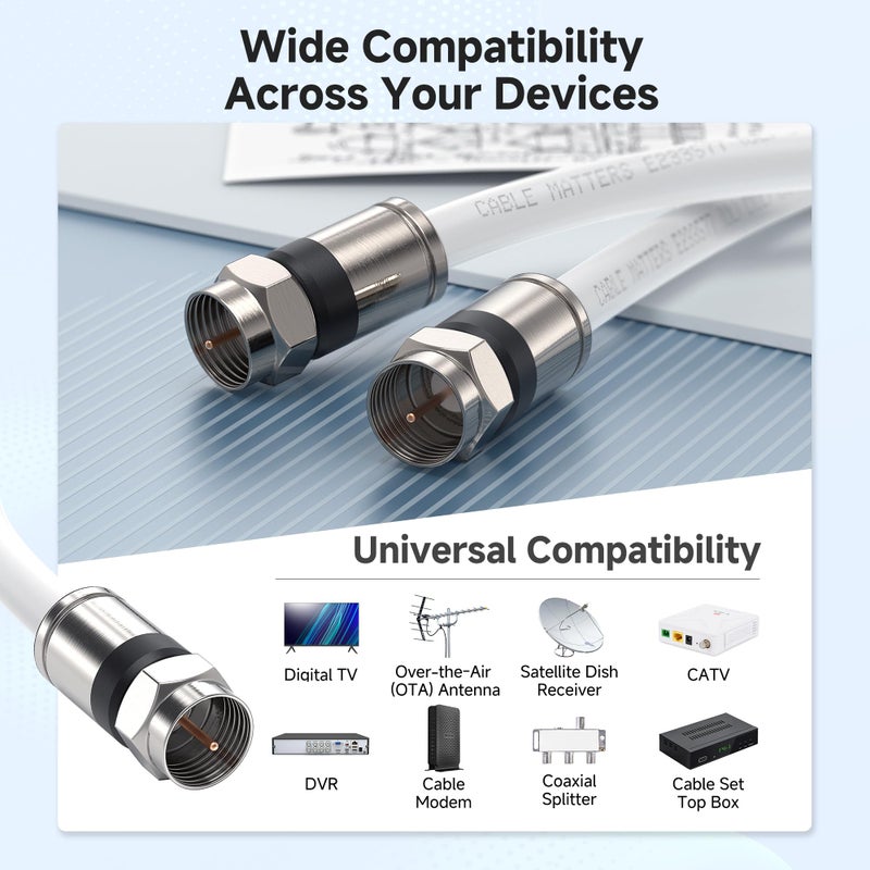 Cable Matters 2-Pack RG6 Coaxial Cable - 25ft, [CL2 Rated for in-Wall Use](CM) Quad Shield Coaxial Cable, RG6 Coax Cord for TV, Digital Router, Satellite Receiver and More, White - Image 3