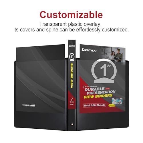 COMIX Sturdy 3 Ring Binder 1 inch with Clear View Cover, 1" Round Ring View Binder, PVC-Free, 200 Sheets Capacity of US Letter Size Paper, Office ＆ School Supplies, 8 Pack (Black) - Image 4