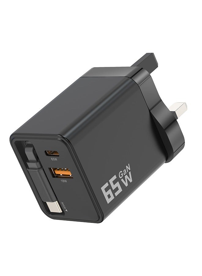 لوتيك محول شاحن 65 واط، شحن فائق السرعة بتقنية GaN، شاحن جداري محمول للسفر، كابل شحن قابل للسحب مدمج، واجهة ثنائية Type-C/USB، متوافق مع آيفون/هواوي/أندرويد/تابلت، مدمج وسهل الحمل، آمن وموثوق. - Image 2