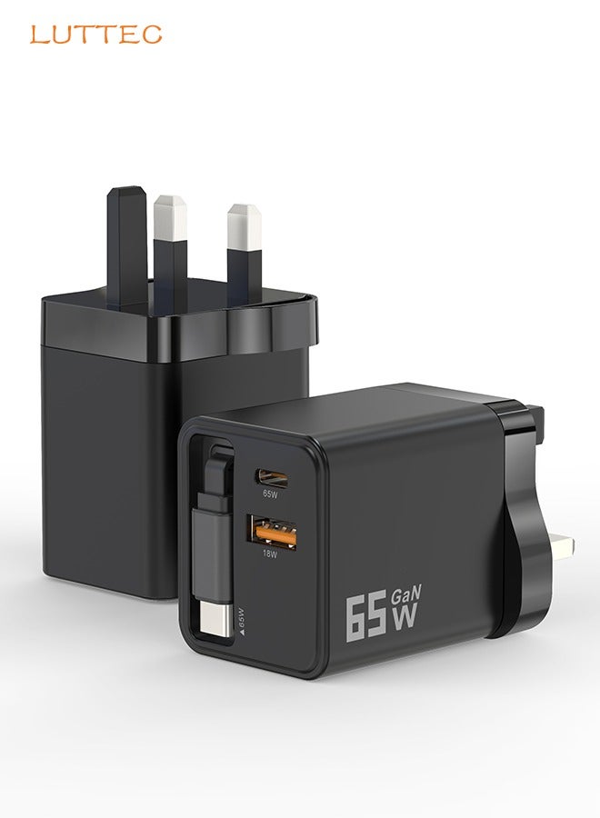 لوتيك محول شاحن 65 واط، شحن فائق السرعة بتقنية GaN، شاحن جداري محمول للسفر، كابل شحن قابل للسحب مدمج، واجهة ثنائية Type-C/USB، متوافق مع آيفون/هواوي/أندرويد/تابلت، مدمج وسهل الحمل، آمن وموثوق. - Image 1