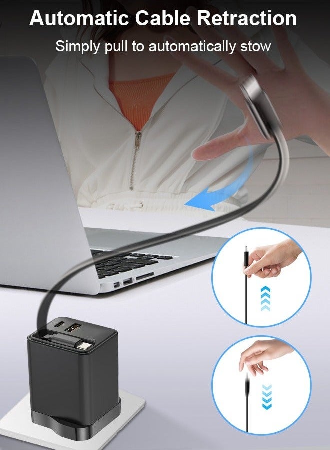 لوتيك محول شاحن 65 واط، شحن فائق السرعة بتقنية GaN، شاحن جداري محمول للسفر، كابل شحن قابل للسحب مدمج، واجهة ثنائية Type-C/USB، متوافق مع آيفون/هواوي/أندرويد/تابلت، مدمج وسهل الحمل، آمن وموثوق. - Image 5