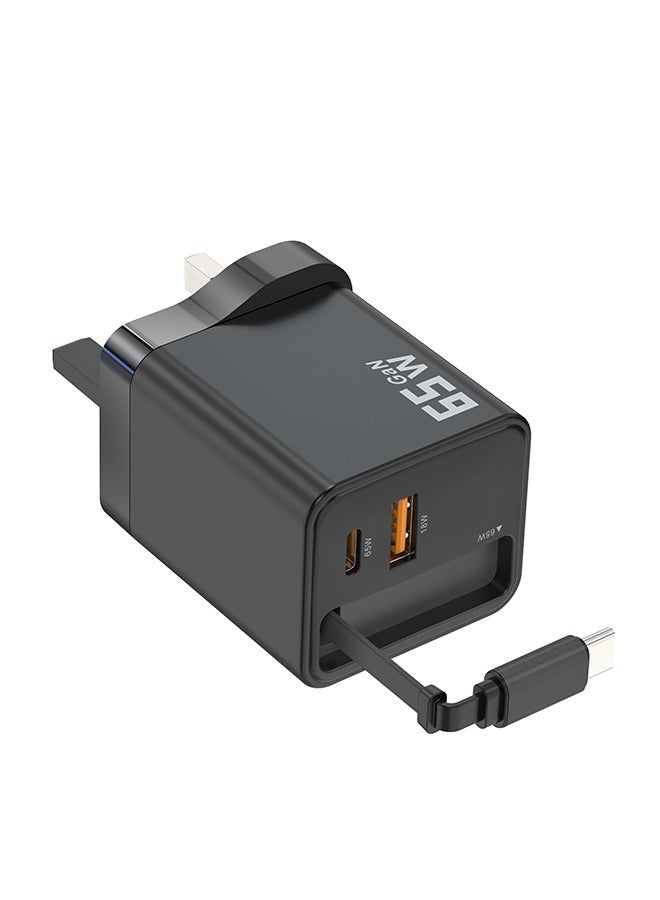 لوتيك محول شاحن 65 واط، شحن فائق السرعة بتقنية GaN، شاحن جداري محمول للسفر، كابل شحن قابل للسحب مدمج، واجهة ثنائية Type-C/USB، متوافق مع آيفون/هواوي/أندرويد/تابلت، مدمج وسهل الحمل، آمن وموثوق. - Image 3