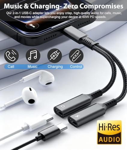 KINDRM USB C Splitter, Dual USB C Headphone and Charger Adapter, 1 in 2 Out Type C Audio Jack Dongle with PD 60W Fast Charging Cable for iPhone 17 16 15 Pro Max, iPad, Samsung Galaxy S25 S24 Ultra More USBC - Image 2