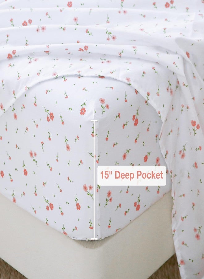 Softan Pink Floral Full Sheet Set Flower Bed Sheets Printed Sheets Double - 4 Piece Microfiber Patterned Fitted Sheets Full with 15" Deep Pocket, Cute Pink Flower Sheets - Image 3