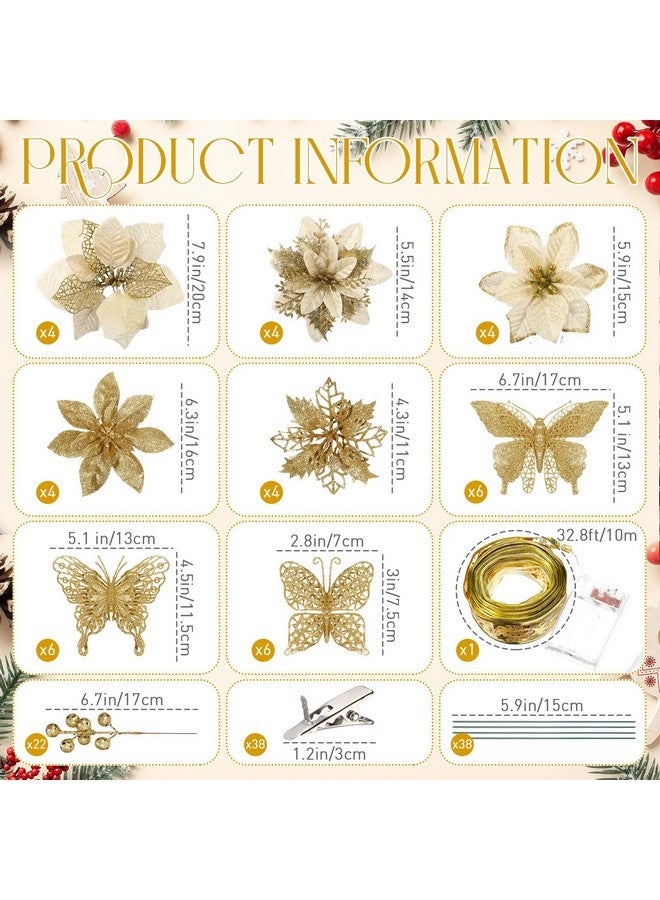 XunYee XunYee 137 Pcs 5 Styles Christmas Poinsettia Glitter Flowers 3 Styles Hollow Out Butterfly Artificial Berries Kit with Clips, Stems and 32.8 ft Ribbon for Xmas Tree Ornaments Home Decor(Gold)  - Image 2