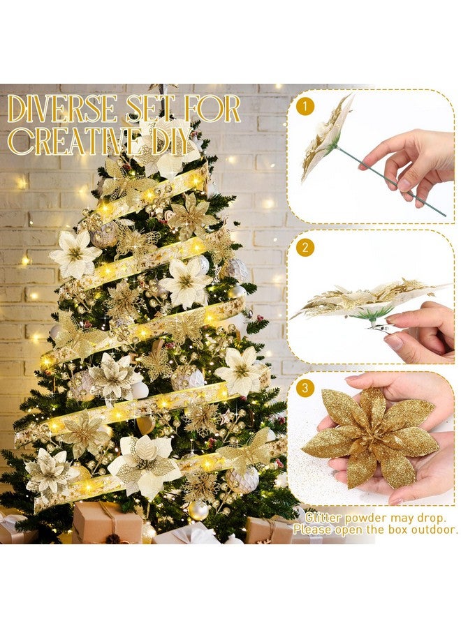 XunYee XunYee 137 Pcs 5 Styles Christmas Poinsettia Glitter Flowers 3 Styles Hollow Out Butterfly Artificial Berries Kit with Clips, Stems and 32.8 ft Ribbon for Xmas Tree Ornaments Home Decor(Gold)  - Image 5