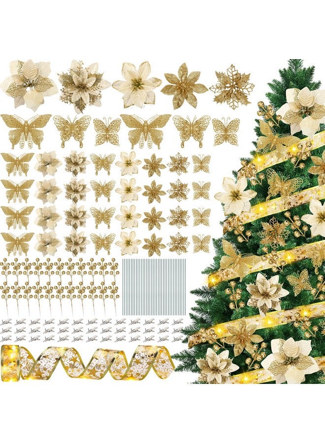XunYee XunYee 137 Pcs 5 Styles Christmas Poinsettia Glitter Flowers 3 Styles Hollow Out Butterfly Artificial Berries Kit with Clips, Stems and 32.8 ft Ribbon for Xmas Tree Ornaments Home Decor(Gold)  - Image 1