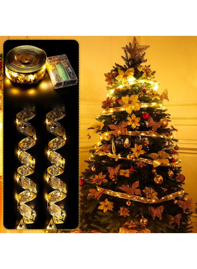 XunYee XunYee 137 Pcs 5 Styles Christmas Poinsettia Glitter Flowers 3 Styles Hollow Out Butterfly Artificial Berries Kit with Clips, Stems and 32.8 ft Ribbon for Xmas Tree Ornaments Home Decor(Gold)  - Image 3