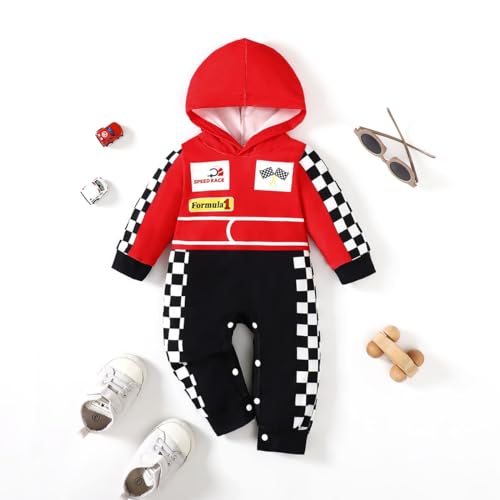 Happidoo Baby Boy Halloween Outfit Toddler Clothes Birthday Race Car Driver Hooded Romper (Red-Long,12-18 Months) - Image 2