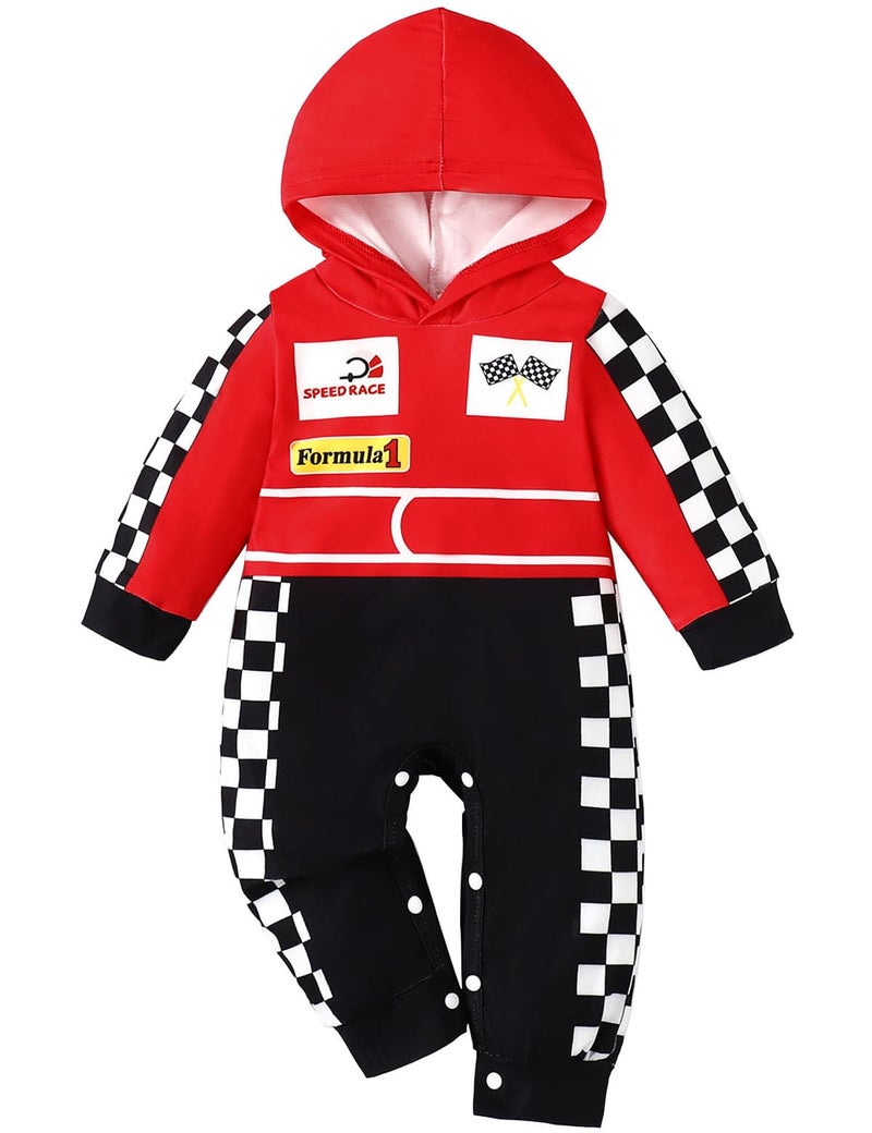 Happidoo Baby Boy Halloween Outfit Toddler Clothes Birthday Race Car Driver Hooded Romper (Red-Long,12-18 Months) - Image 1