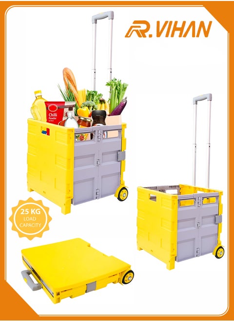 25KG Folding Shopping Trolley Cart with Telescopic Handle Collapsible Rolling Crate Utility Cart with Lid Portable Wear-Resistant & Noiseless Wheels Multi-Purpose Tote Basket for Shopping Office School Travel Moving and Camping Durable Storage Boot Cart for Home & Garden Compact & Lightweight