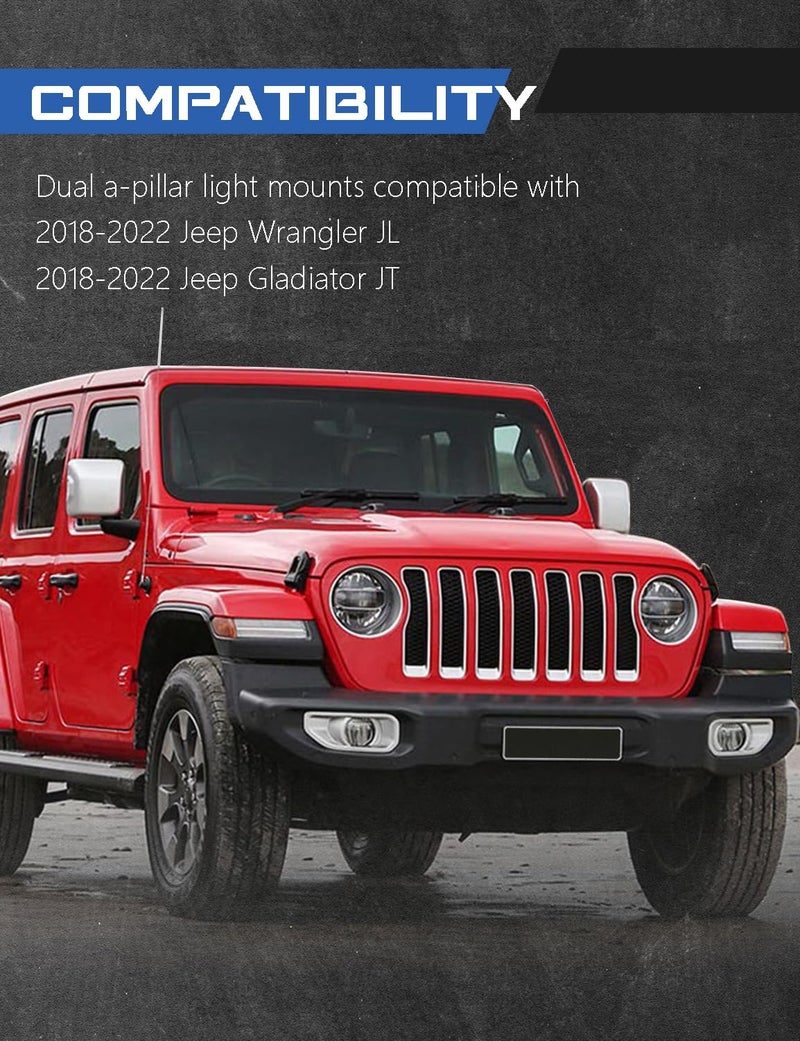 ADTOPI Dual A-Pillar Mount, Cowl Light Mount Dual A-Pillar Hood Bracket for LED Work Driving Light Pods Comaptible with Jeep Wrangler JL/JLU and Gladiator JT 2018-2025, 2PCS - Image 5