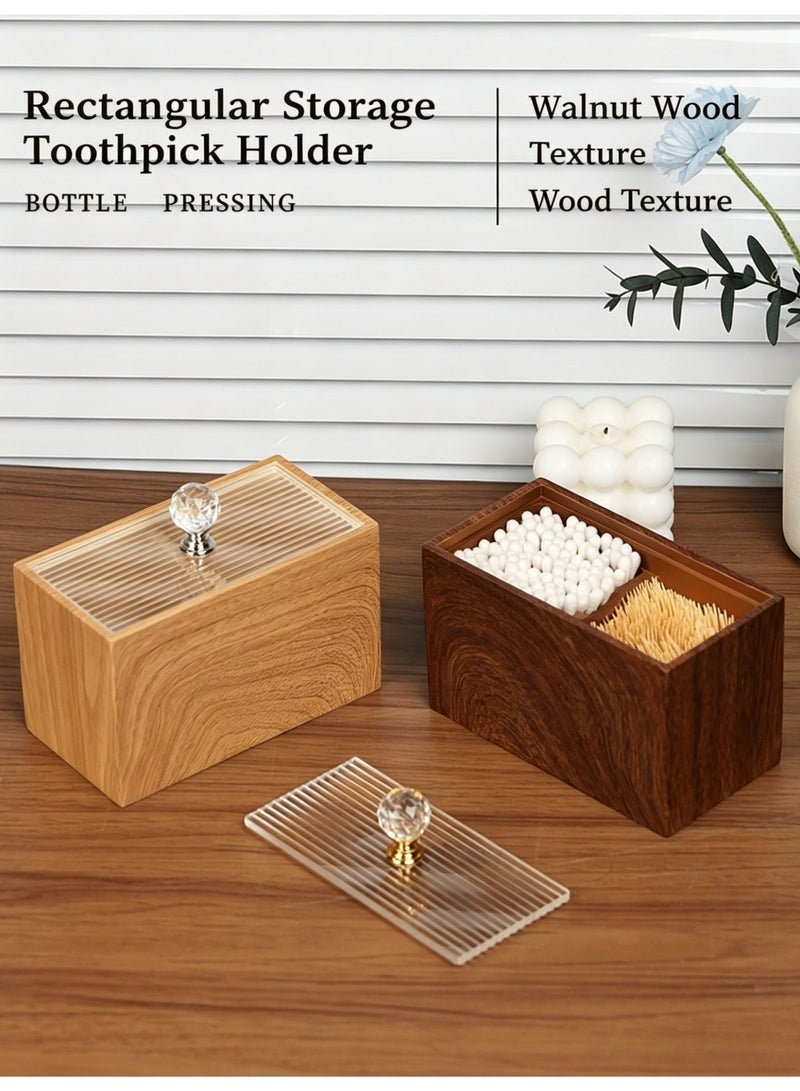 FUKE Cotton Swab Holde Walnut Texture Resin Dual Compartment with Clear Lid, Countertop Organizer for Cotton Swabs, Toothpicks, Dental Floss, Makeup Pads - Image 3