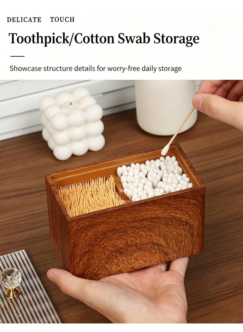 FUKE Cotton Swab Holde Walnut Texture Resin Dual Compartment with Clear Lid, Countertop Organizer for Cotton Swabs, Toothpicks, Dental Floss, Makeup Pads - Image 5