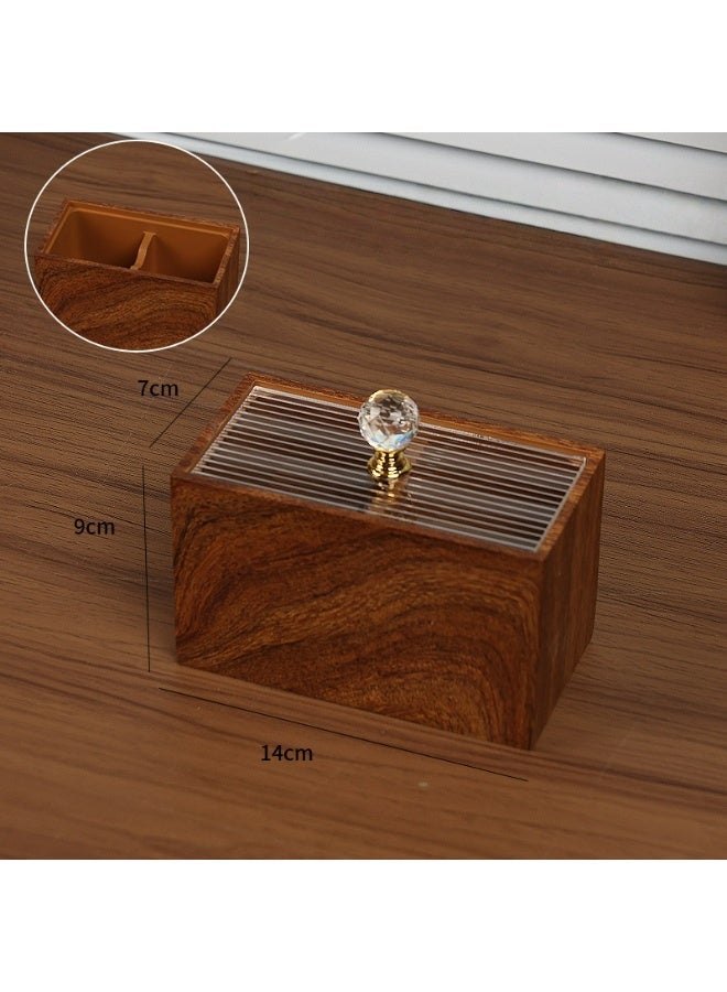 FUKE Cotton Swab Holde Walnut Texture Resin Dual Compartment with Clear Lid, Countertop Organizer for Cotton Swabs, Toothpicks, Dental Floss, Makeup Pads - Image 2