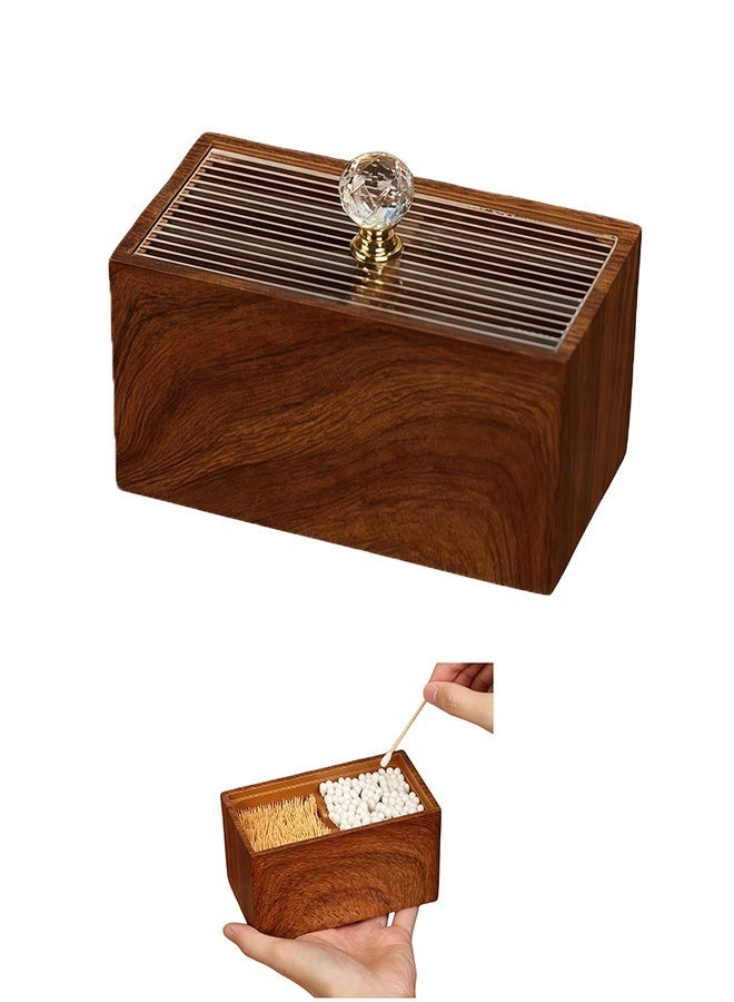 FUKE Cotton Swab Holde Walnut Texture Resin Dual Compartment with Clear Lid, Countertop Organizer for Cotton Swabs, Toothpicks, Dental Floss, Makeup Pads - Image 1
