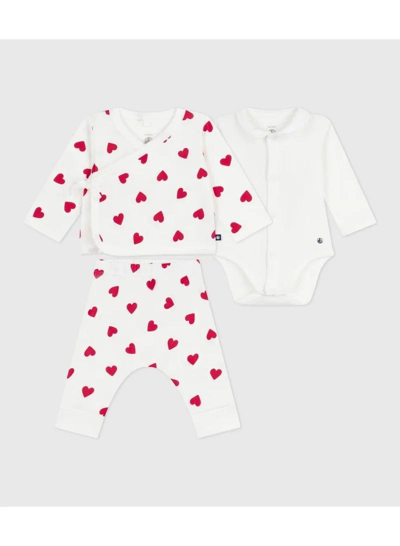 Petit Bateau Babies' three piece heart print cotton wrapover top set